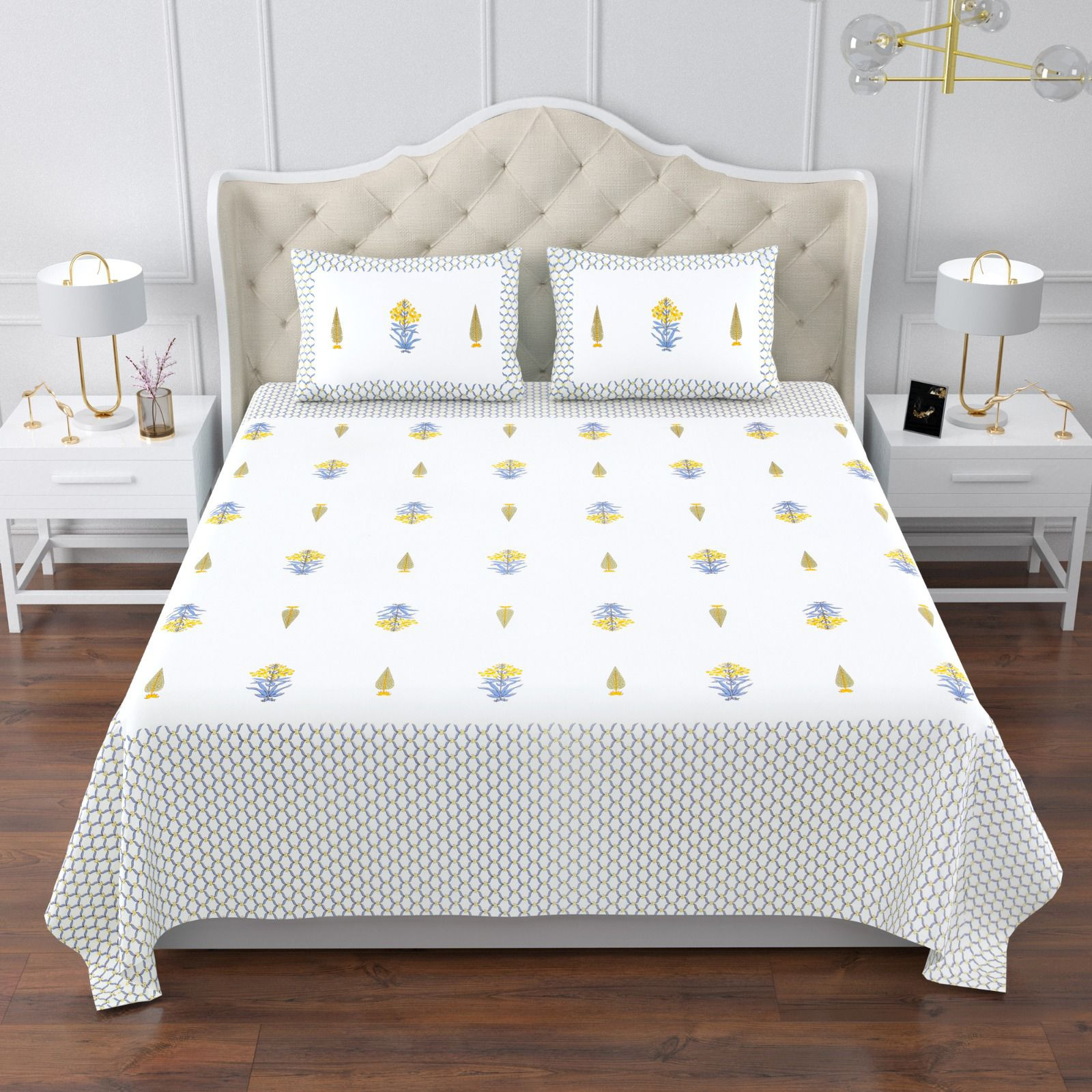 Jaipuri Ultra Premium Super King Bedsheet 108x108 Inch Pure South Cotton Yellow Floral Screen Print Blue Geometric Border Jaipur Rajasthan Shriex