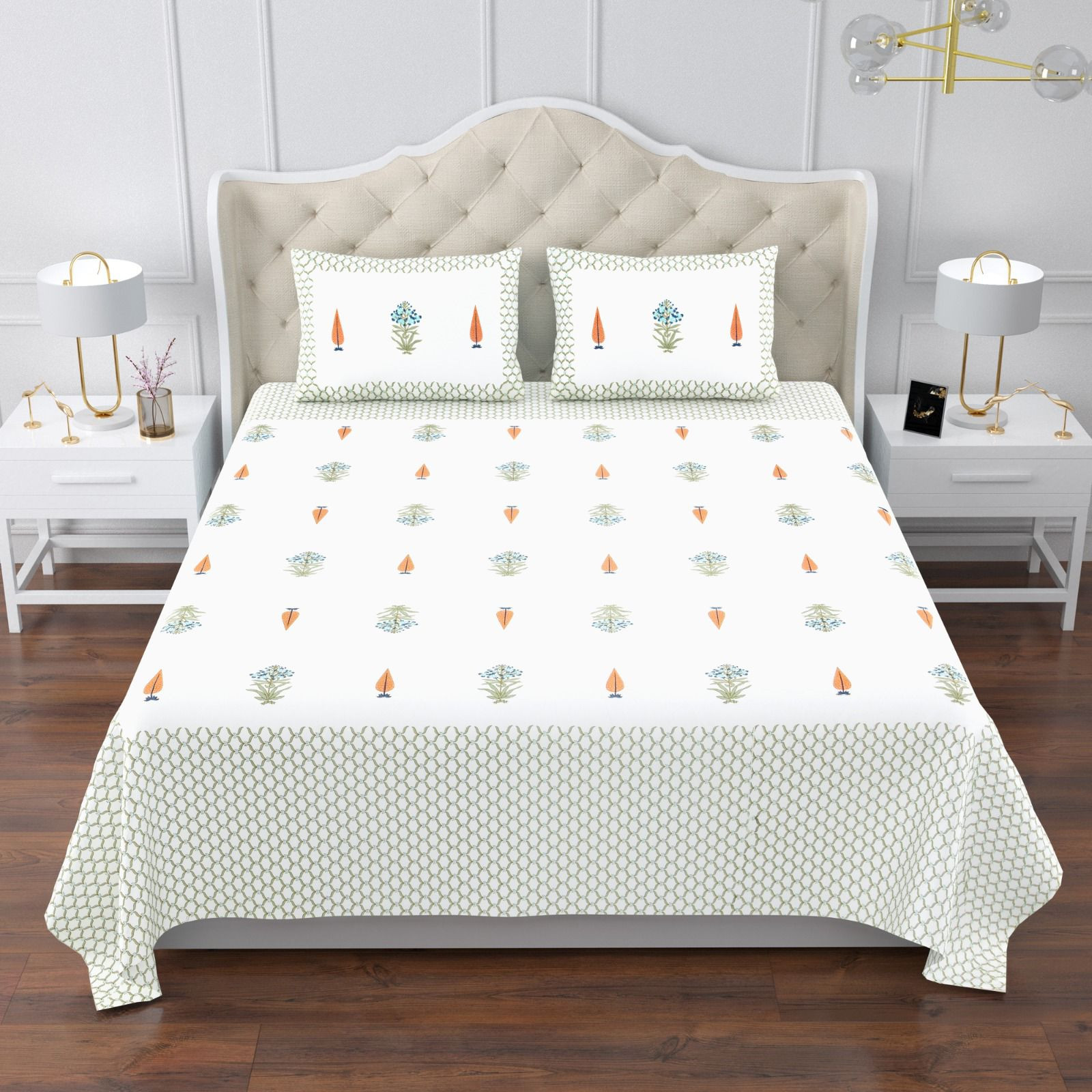 Jaipuri Ultra Premium Super King Bedsheet 108x108 Inch 100 South Cotton Screen Print Yellow Floral with Geometric Border Ethnic Print Jaipur Rajasthan Shriex