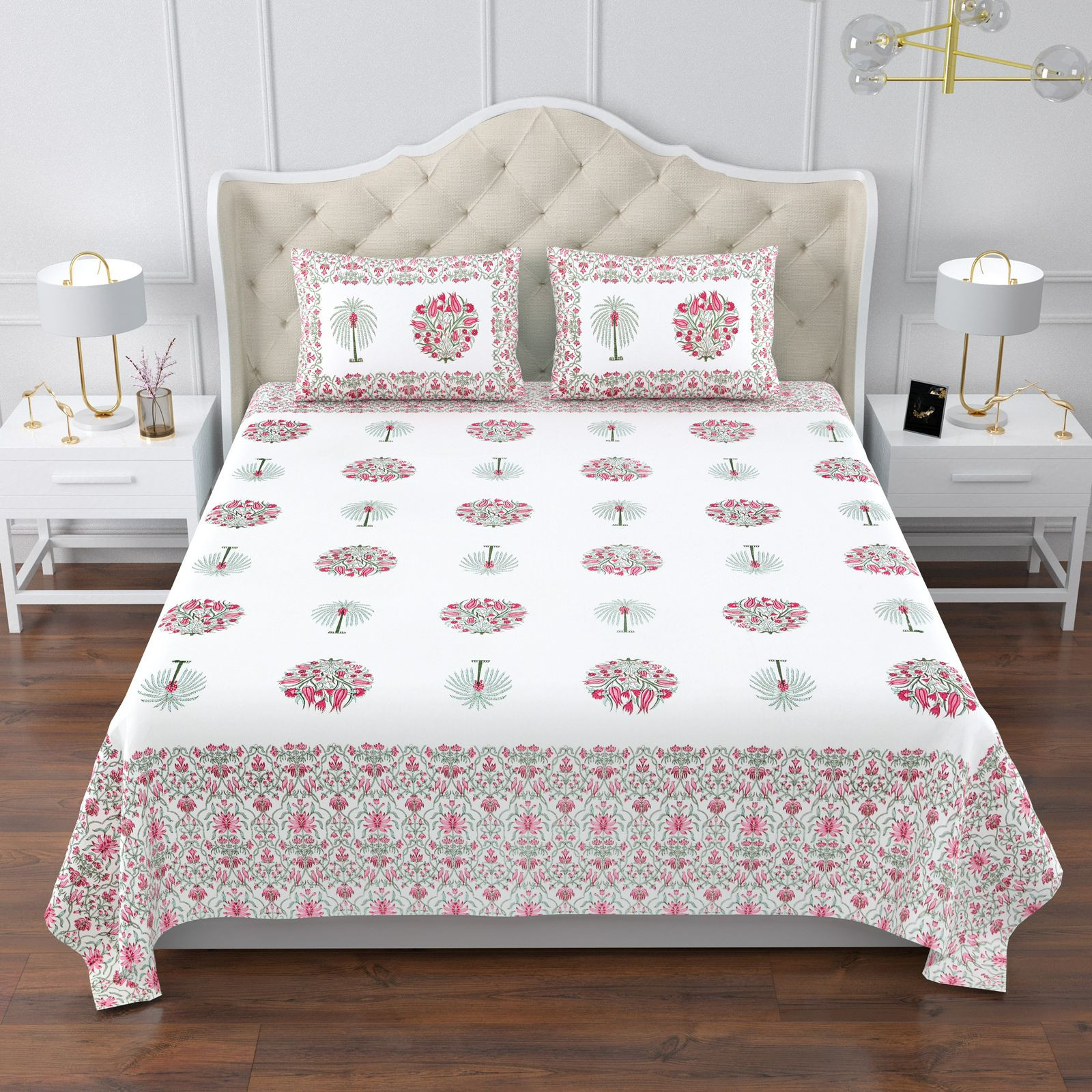 Jaipuri Ultra Premium Super King Bedsheet 108x108 Inch Pure South Cotton Screen Print Pink Floral Motif Ethnic Border Jaipur Rajasthan