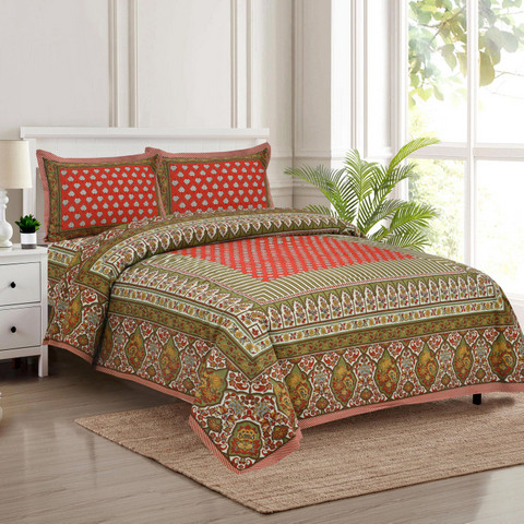 Jaipuri auto loom south cotton king size bedsheet with red-olive Mughal block print and two pillow covers 100x108 inch shriexin exclusive