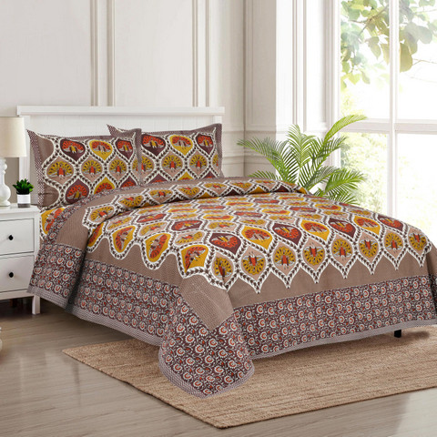 Jaipuri print south cotton auto loom king size bedsheet with leaf motifs and ornate border brown mustard red 100x108 inch 2 pillow covers  shriexin online exclusive