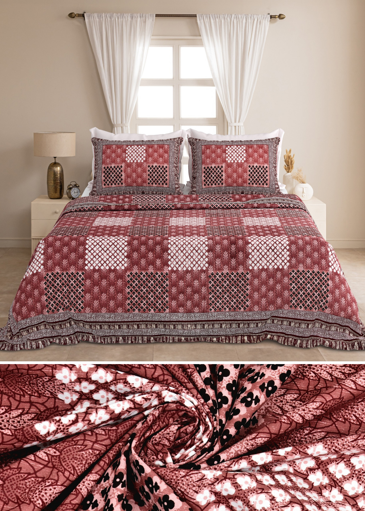 Jaipuri patchwork south cotton auto loom king size bedsheet red brown ethnic blocks 100x108 inch with 2 pillow covers  shriexin exclusive