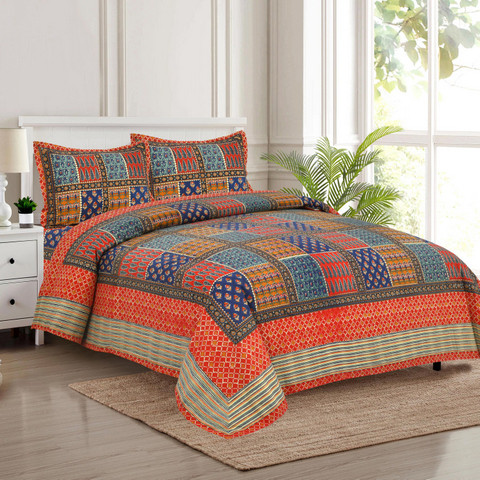 Jaipuri multicolor patchwork south cotton auto loom king size bedsheet with ethnic blocks 100x108 inch two pillow covers  shriexin exclusive