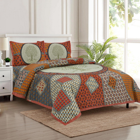 Jaipuri print south cotton auto loom king size bedsheet 100x108 inch with Tree of Life motif and multicolor patchwork two pillow covers  shriexin exclusive