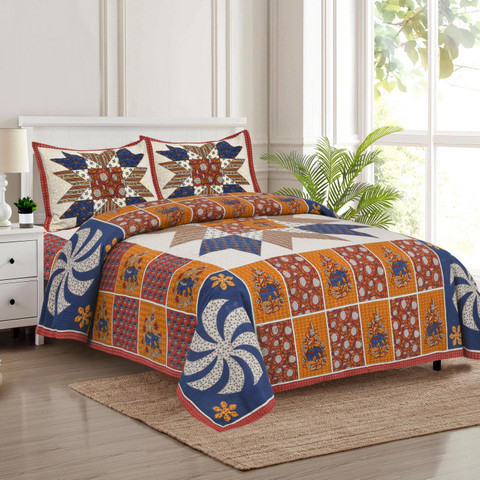 Jaipuri print south cotton auto loom king size bedsheet 100x108 inch with blue orange pinwheel patchwork and 2 pillow covers  shriexin exclusive