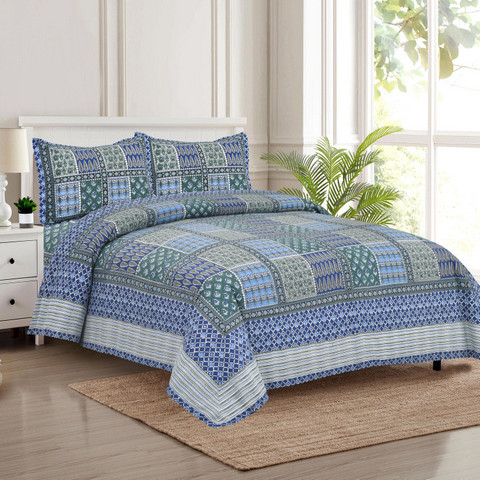 Jaipuri print south cotton auto loom king size bedsheet blue green patchwork 100x108 inch two pillow covers  shriexin exclusive