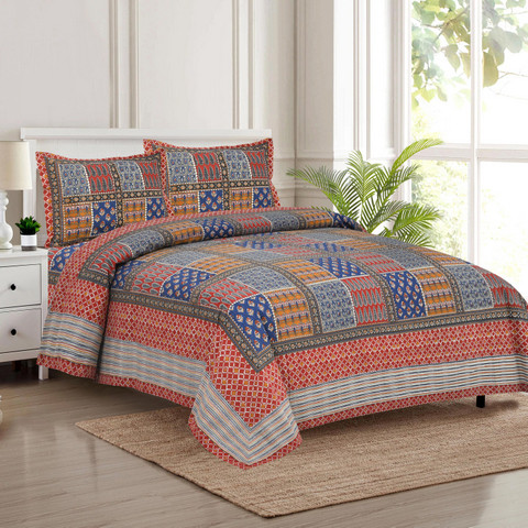 Jaipuri print south cotton auto loom king size bedsheet orange blue patchwork 100x108 inch two pillow covers  shriexin exclusive