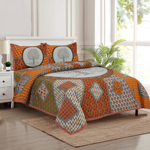 Jaipuri print south cotton auto loom king size bedsheet orange patchwork with Tree of Life motif 100x108 inch 2 pillow covers shriexin exclusive