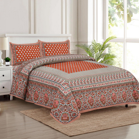 Jaipuri print south cotton auto loom king size bedsheet 100x108 inch with red olive Mughal pattern and 2 pillow covers  shriexin exclusive