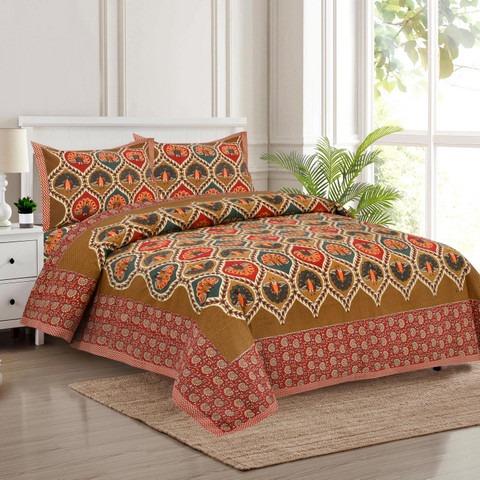 Royal teardrop Jaipuri block-print king-size cotton bedsheet 100108 spread on bed with two matching pillow covers and printed border