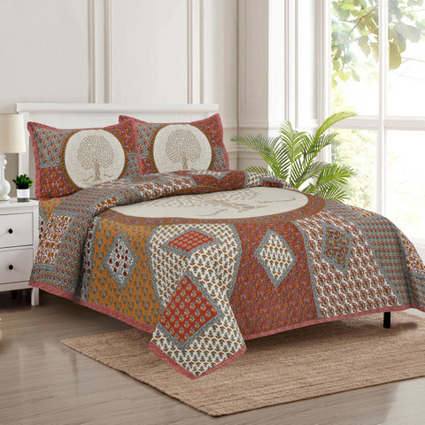 Jaipuri print south cotton auto loom king size bedsheet 100x108 inch with Tree of Life motif and patchwork design 2 pillow covers  shriexin exclusive