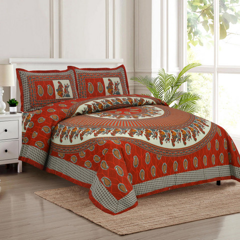 Jaipuri print south cotton auto loom king bedsheet 100x108 inch with red mandala and elephant border 2 pillow covers  shriexin exclusive