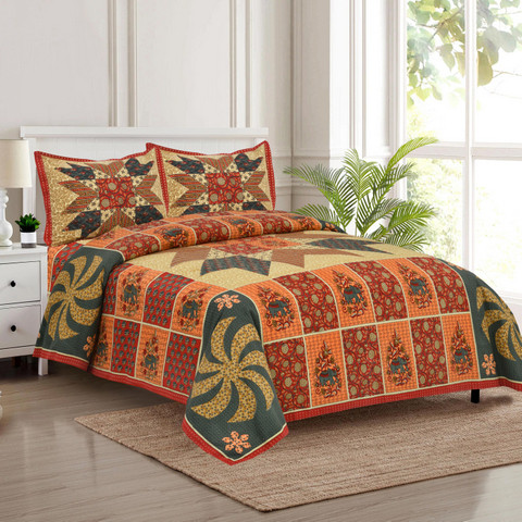 Jaipuri print south cotton auto loom king bedsheet 100x108 inch terracotta pinwheel patchwork with 2 pillow covers  shriexin exclusive