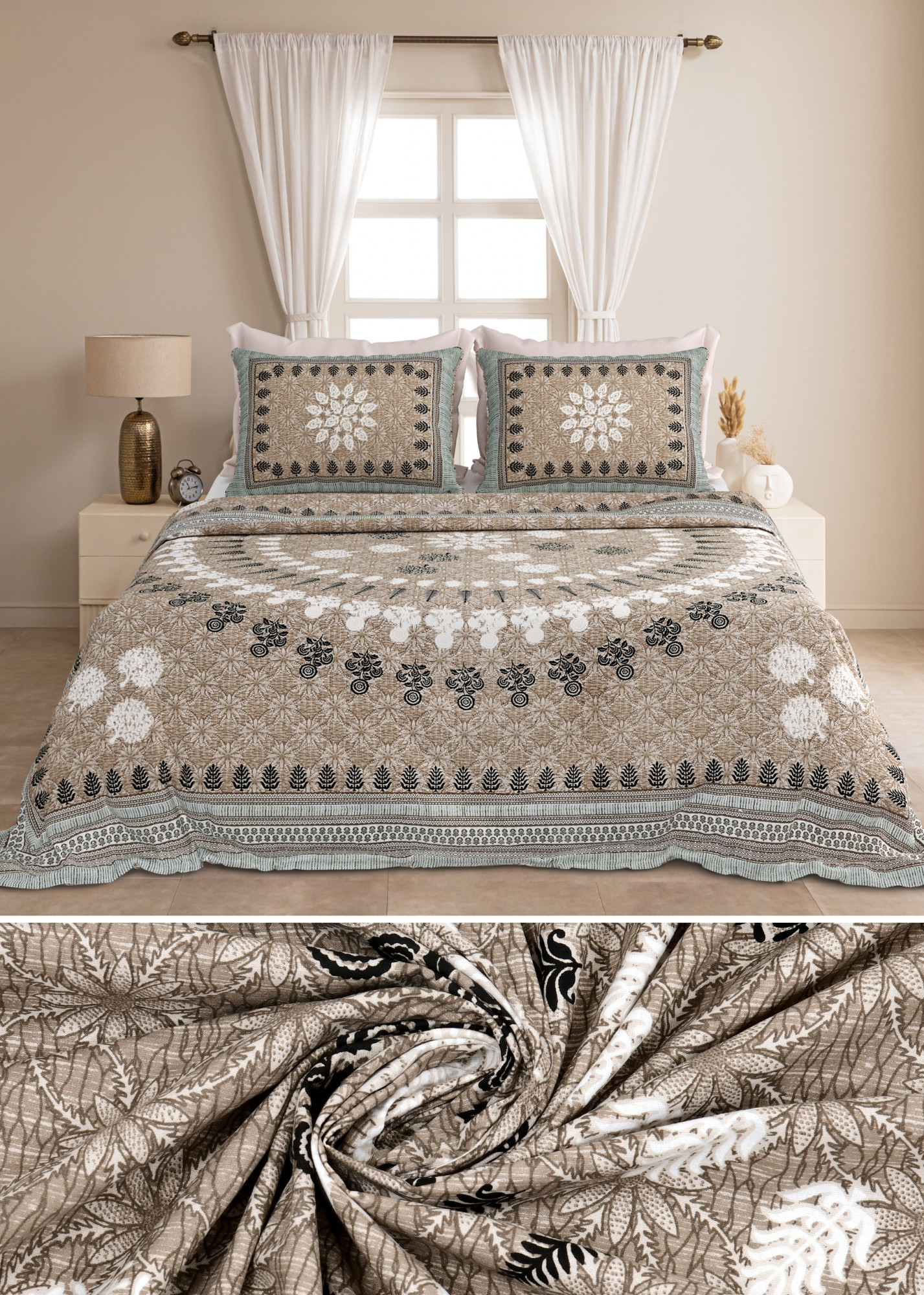 Jaipuri beige black mandala floral print south cotton auto loom king bedsheet 100x108 with 2 pillow covers  shriexin exclusive