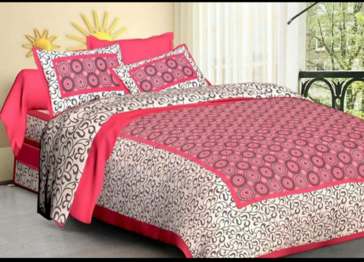 Jaipuri cotton queen size bedsheet with pink swirl pattern black borders and 2 pillow covers 90x100 inch shriexin exclusive