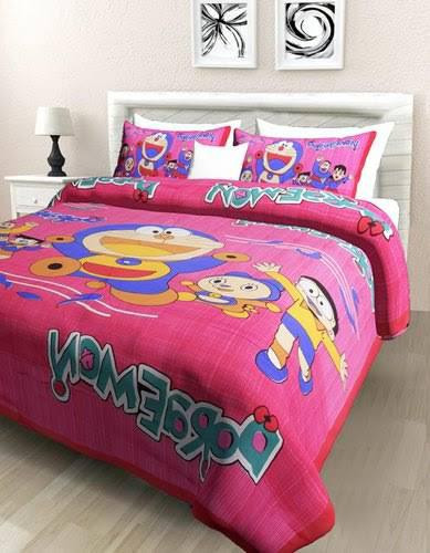 Jaipuri Doraemon cartoon print cotton queen size bedsheet pink 90x100 inch with 2 pillow covers kids bedding shriexin exclusive