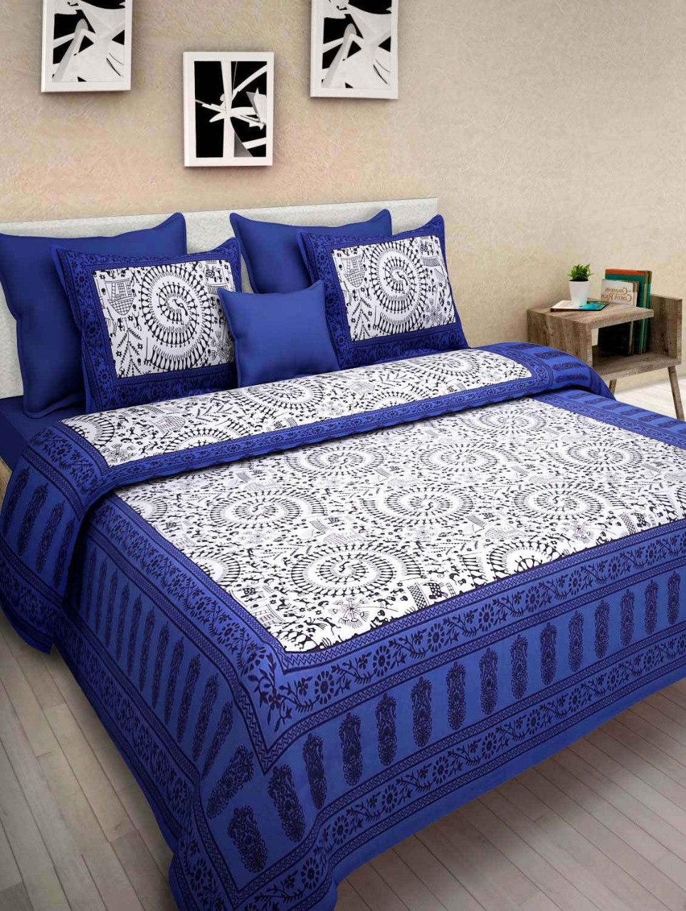 Jaipuri block print blue and white mandala cotton queen bedsheet 90x100 with 2 pillow covers  shriexin exclusive