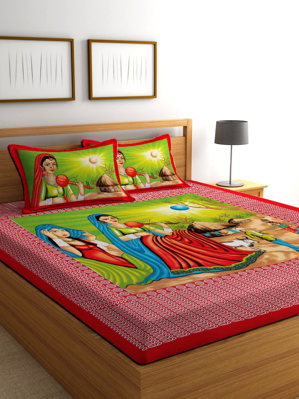 Jaipuri Rajasthani village art print cotton queen size bedsheet 90x100 inch with 2 pillow covers  shriexin exclusive