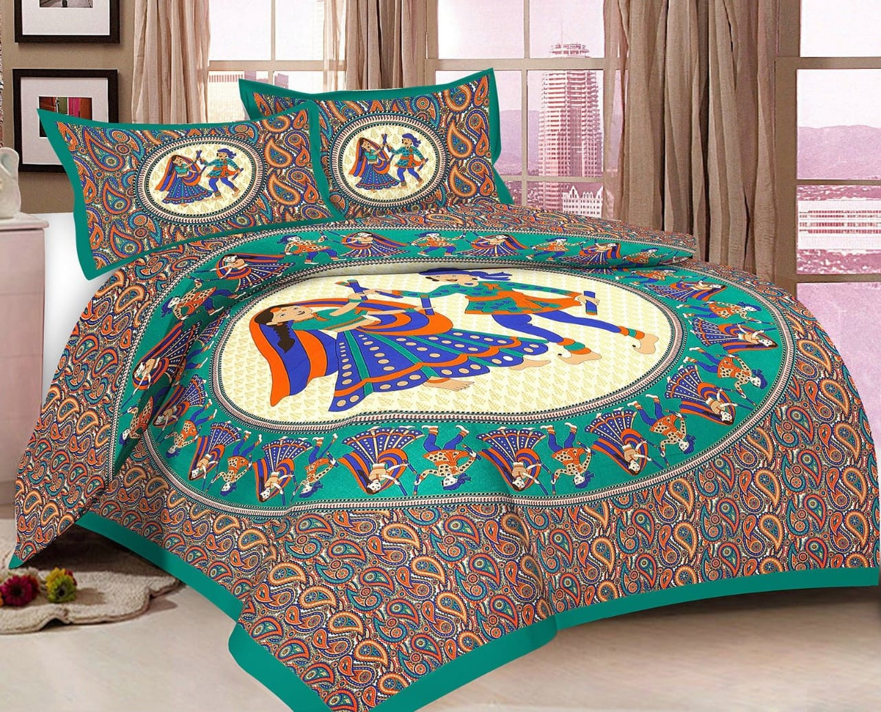Jaipuri cotton queen bedsheet with Rajasthani folk dance and paisley art green border 90x100 inch with 2 pillow covers  shriexin exclusive
