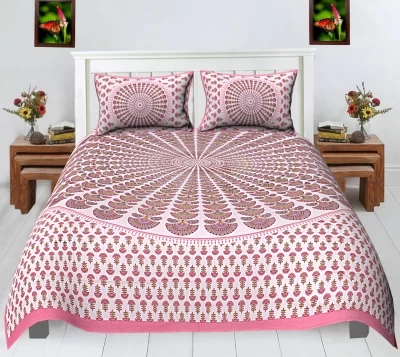 Jaipuri Sanganeri mandala print pink cotton queen size double bedsheet with paisley motifs and two pillow covers 90x100 inch  online exclusive shriexin