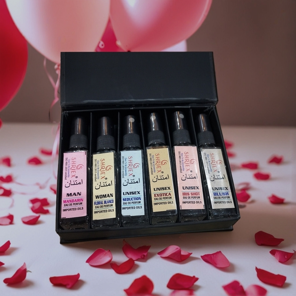 Shriex Luxury 6x8ml Trial Pack  1 men MandarinRude Oud  1 women Angle DustFloral Blanco  4 unisex samples  long-lasting imported oils travel atomizers