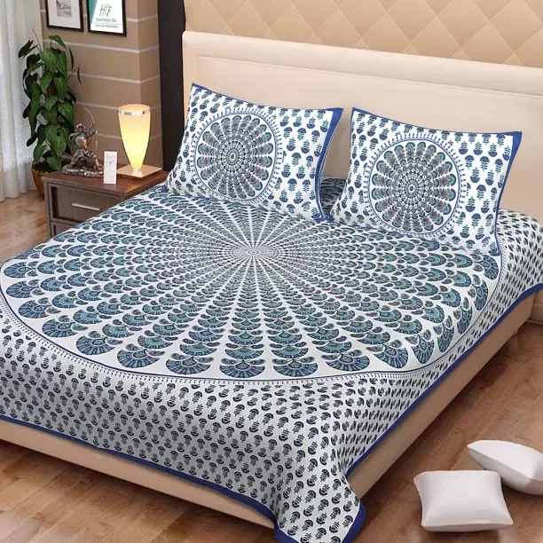 Jaipuri mandala print blue border cotton queen size double bedsheet with 2 matching pillow covers 90x100 inch shriexin online exclusive