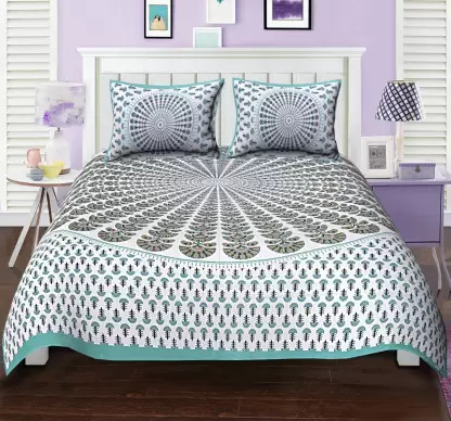Jaipuri Sanganeri mandala print sea green cotton queen size double bedsheet with peacock and floral motifs two pillow covers 90x100 inch online exclusive shriexin