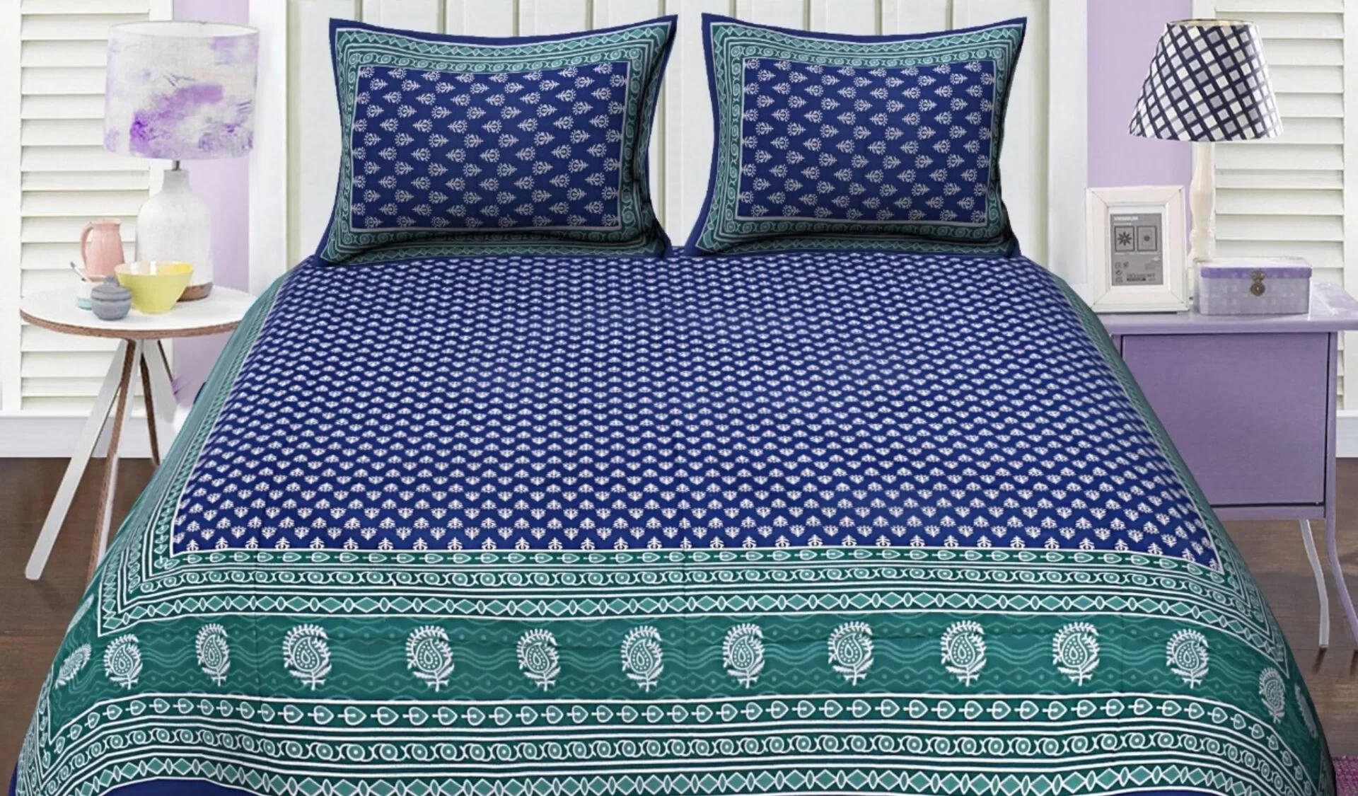 Jaipuri cotton queen size bedsheet with blue and green block print and two pillow covers 90x100 inch ethnic border shriexin exclusive
