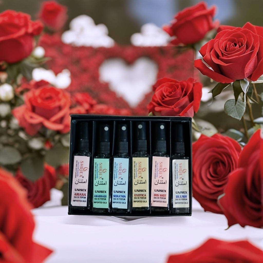 Shriex Luxury Long-Lasting Perfumes 6 x 8ml Unisex Gift Pack Amaderado Iris Shot Ariana Seduction Exotica Blush travel atomizers imported oils