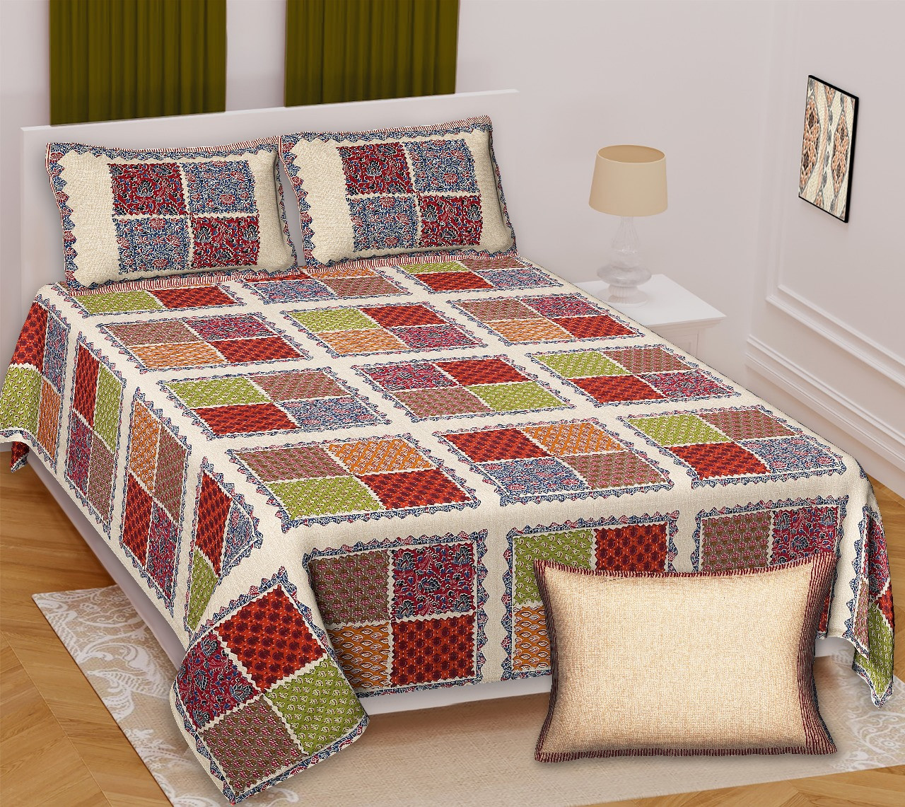 Barmeri Patchwork Print Cotton Bedsheet 100108  Vibrant Square Motif