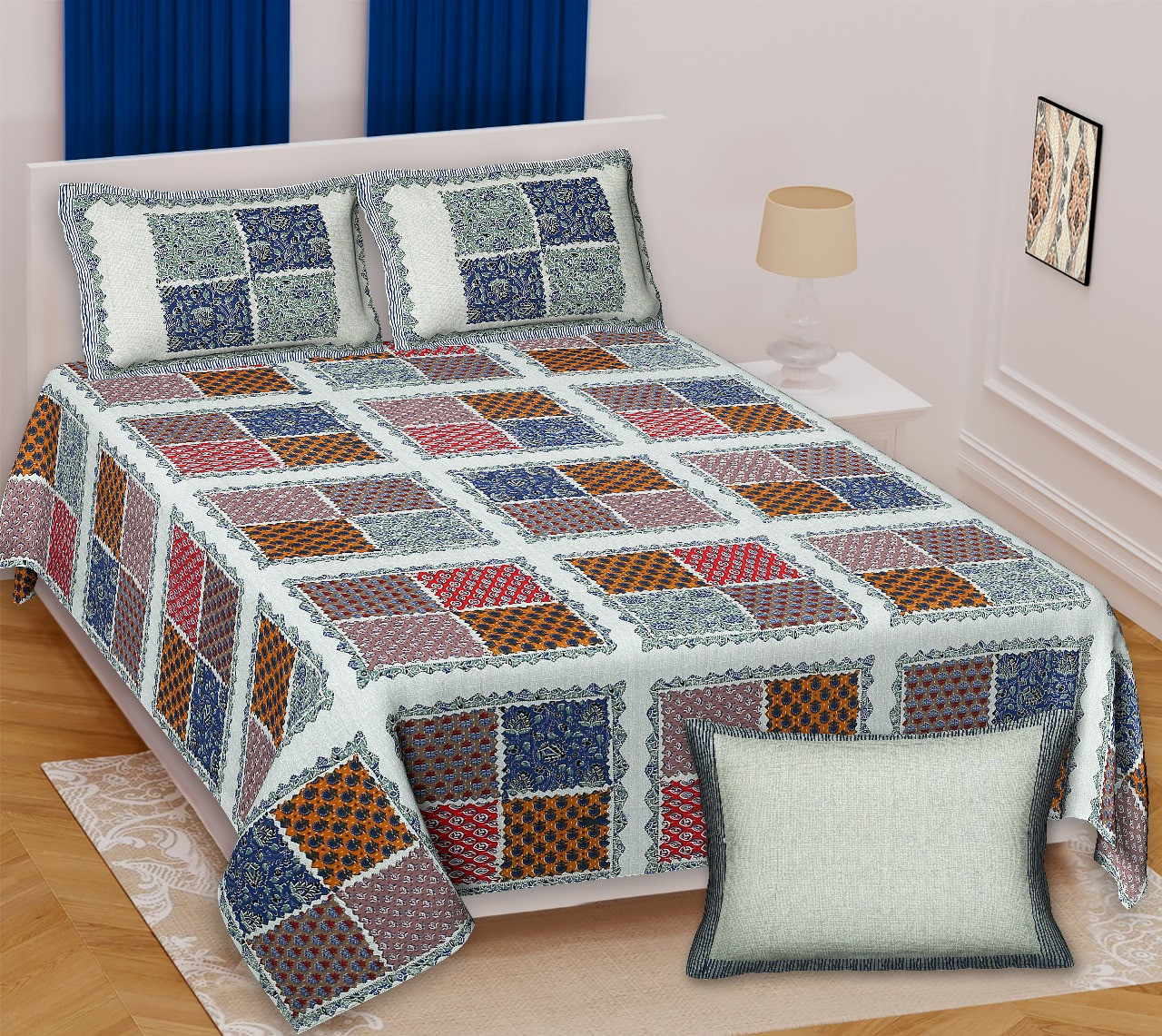 Barmeri Patchwork Print Cotton Double Bedsheet Set 100x108 inch Multicolor Heritage Blocks by Shriex