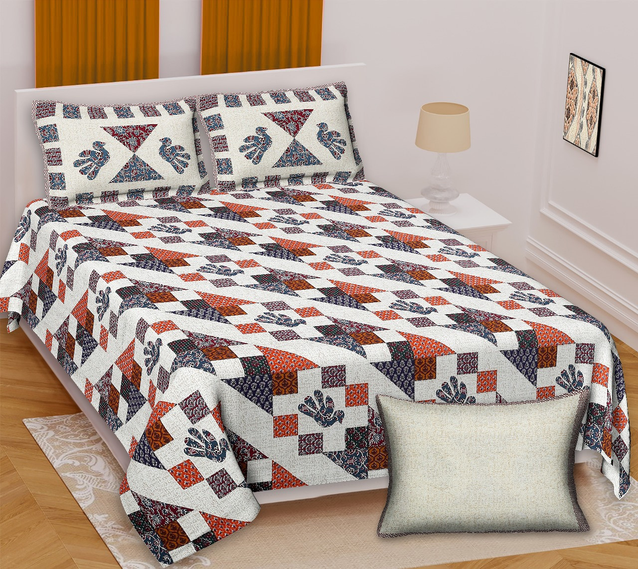 Barmeri Print Pure Cotton Double Bedsheet with Pillow Covers  Traditional Handblock Design