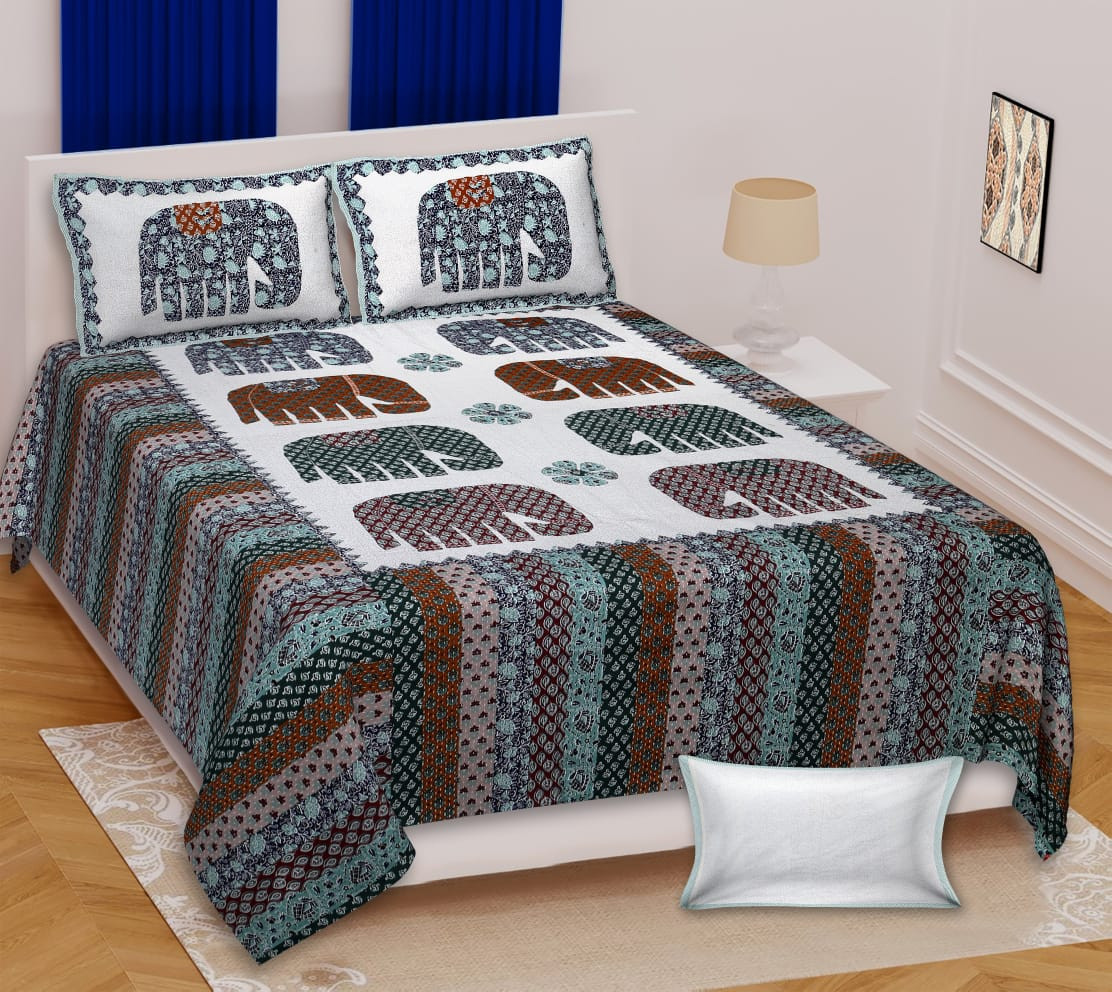 Barmeri Elephant Print Cotton King Size Bedsheet 100x108 inches Rajasthani Heritage Design by Shriex