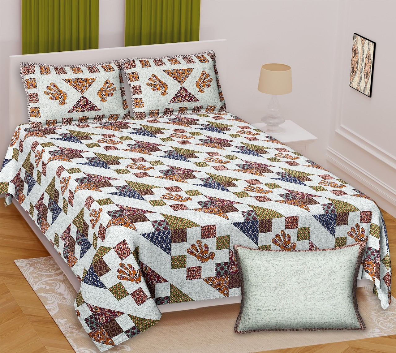 Barmeri Patch Block Cotton King Size Bedsheet 100x108 inches Heritage Handprint Motif by Shriex