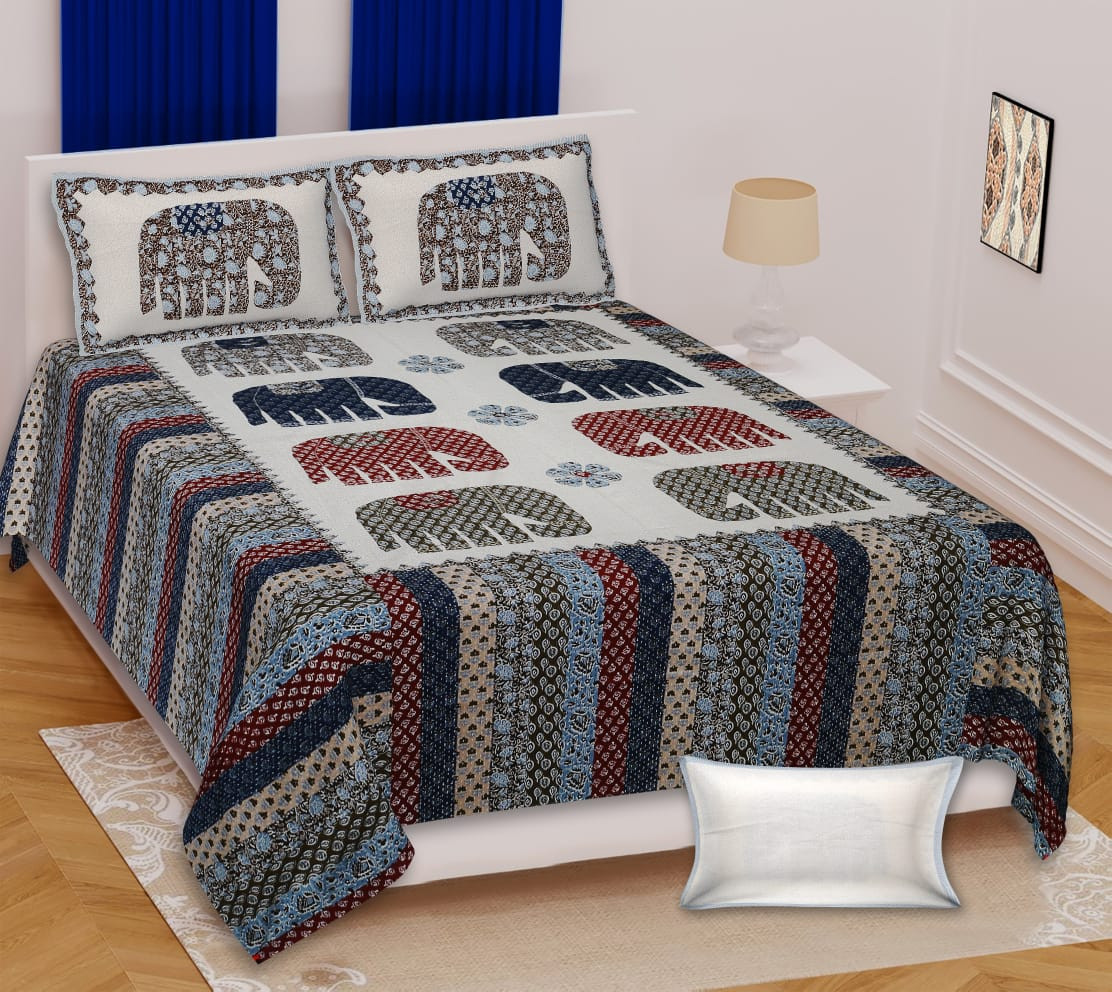 Barmeri Elephant Motif Cotton Bedsheet King Size 100x108 inches Shriex Heritage Collection