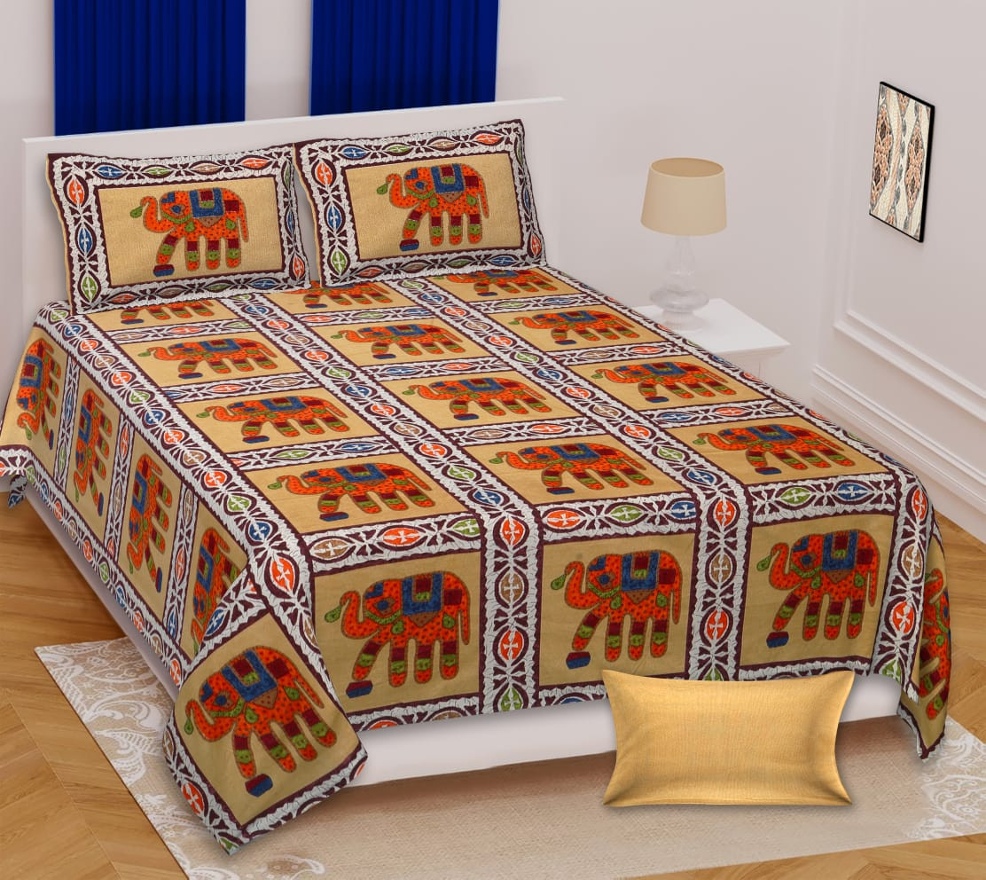 Barmeri Print Jaipuri Cotton Double Bedsheet  100x108 Inches Elephant Design Multicolor