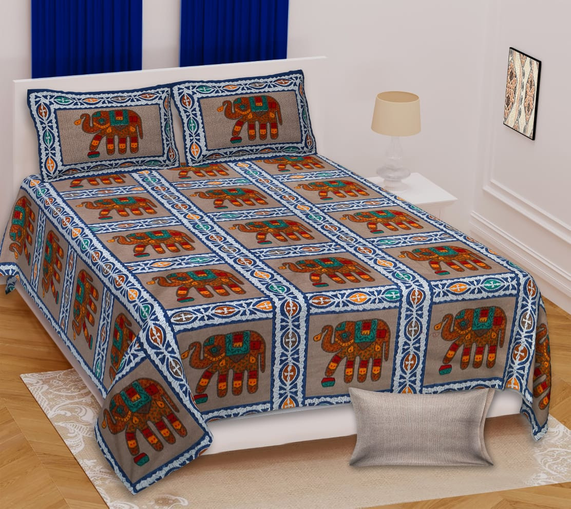 Traditional Barmeri Print Cotton Double Bedsheet Grey Blue 100x108 Inches