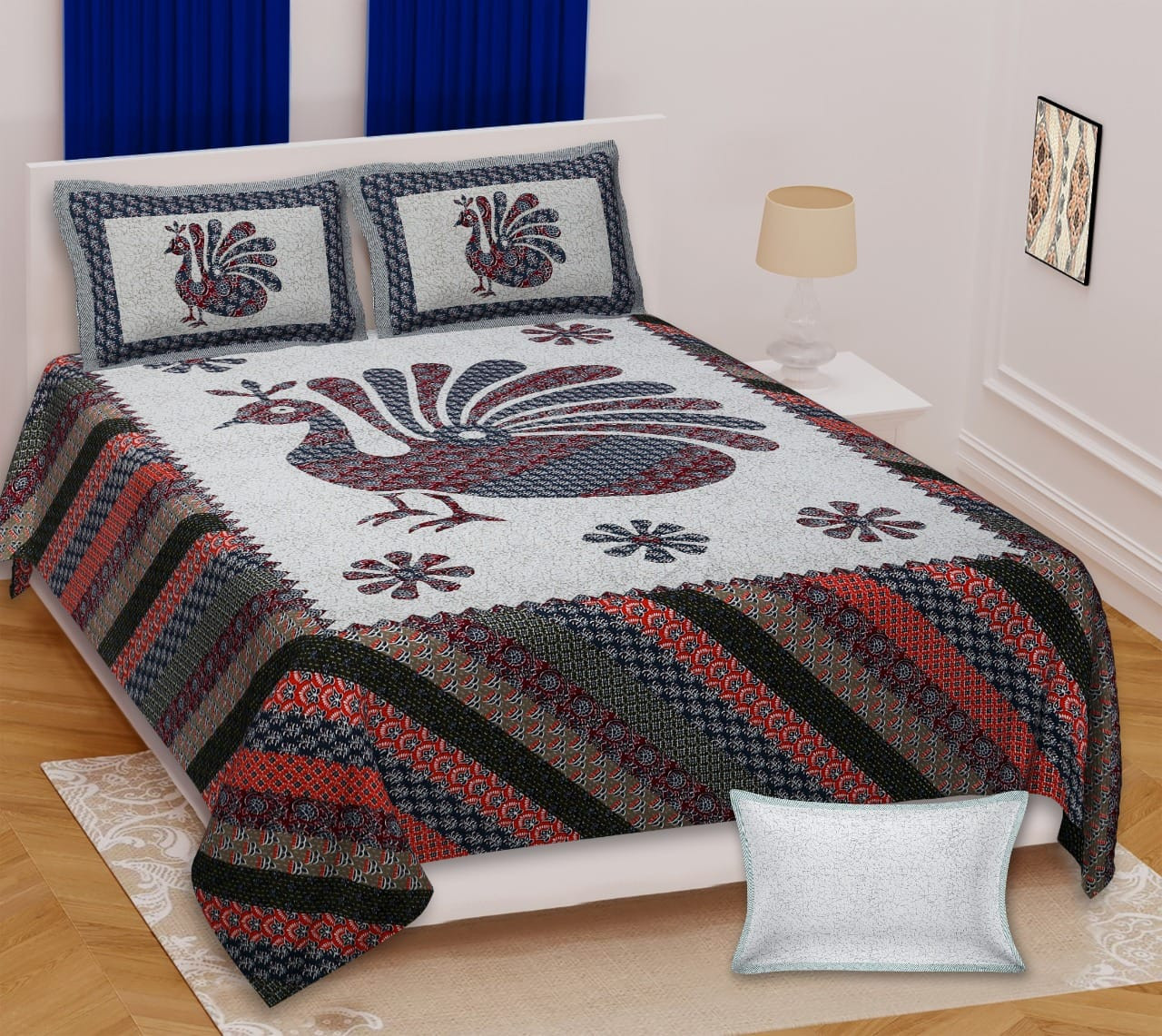 Barmeri Print Cotton Bedsheet with Peacock Motif 100x108 Inches King Size Jaipuri Print by Shriex