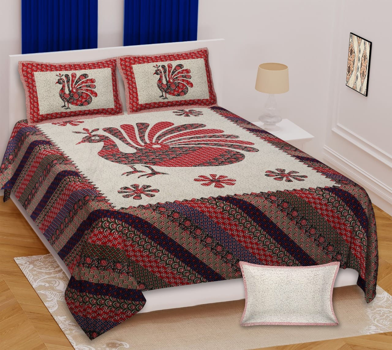 Barmeri Peacock Print Cotton Bedsheet 100x108 Inch Jaipuri Bedsheet by Shriex