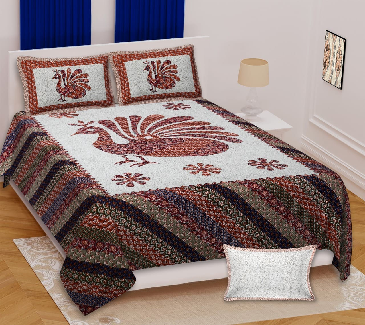 Barmeri Block Print Cotton Bedsheet 100x108king Size Heritage Peacock Motif