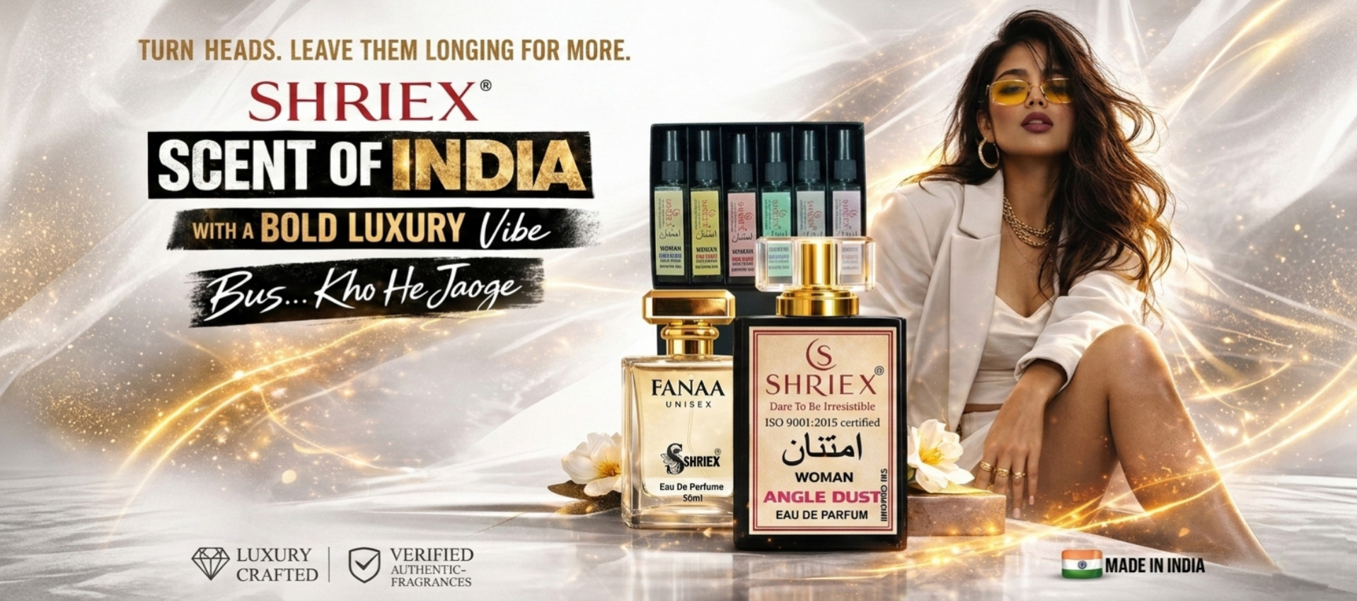 "Shriex luxury women's fragrance banner displaying an elegant Indian model and the new brand logo with the tagline Bas... Kho Hi Jaoge."