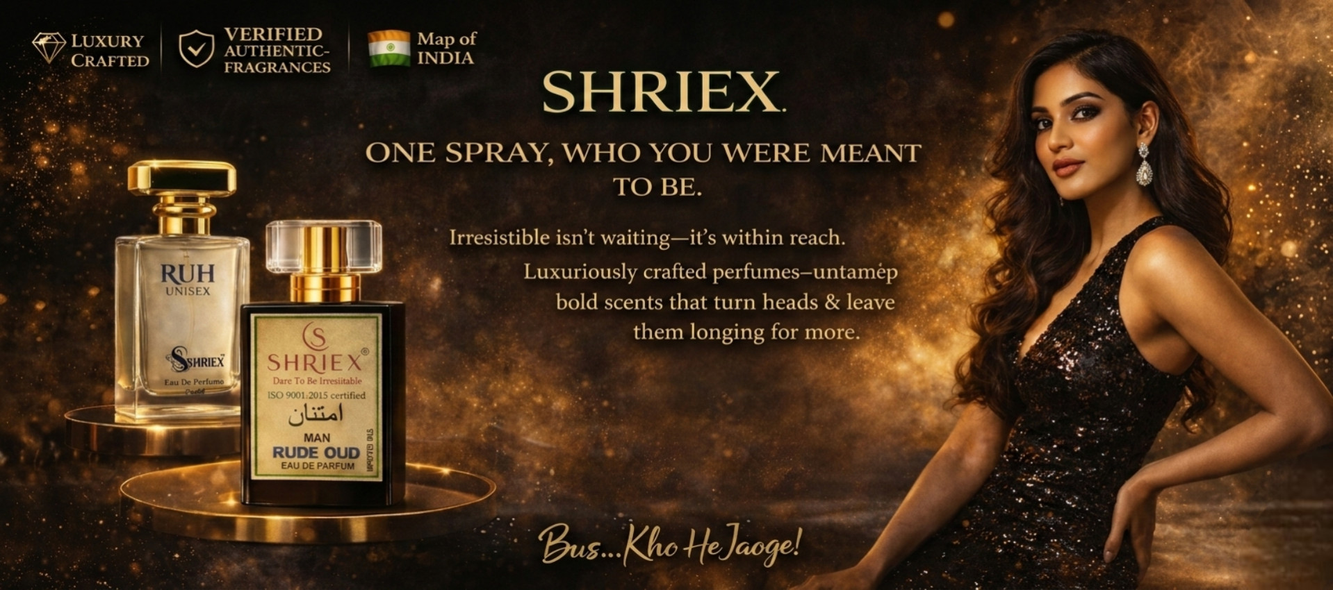 "Shriex premium perfume for men banner featuring a stylish Indian model with the new Green 'S' and Red Lotus logo, set against a luxurious background."