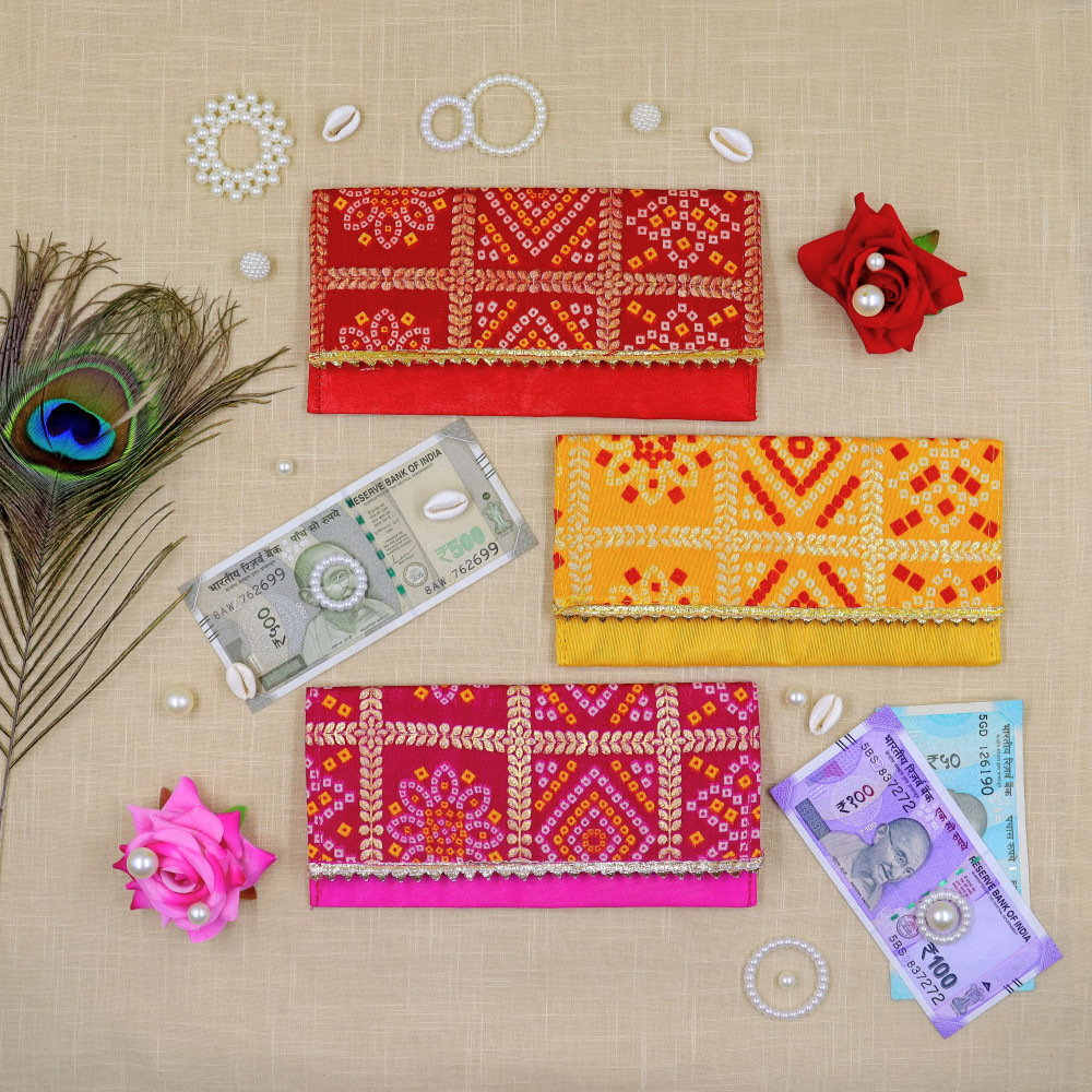 Image of Premium Bandhej Silk Money Envelopes (Set of 11) – Traditional Gifting Shagun Lifafa