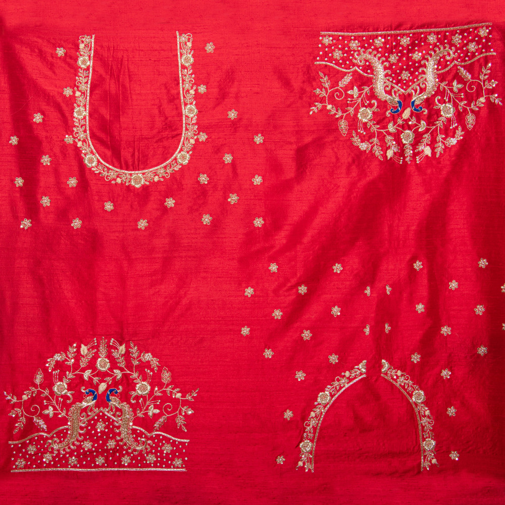 Image of Red Silk Hand-Embroidered Unstitched Blouse Fabric (1 Meter) – Zardosi &amp; Aari Work