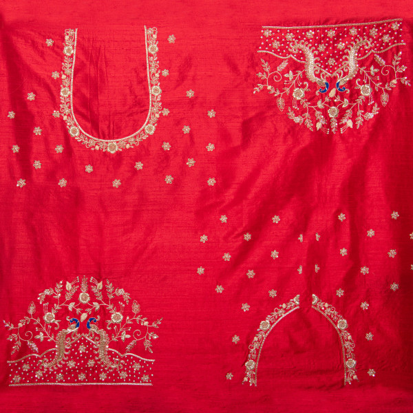 Red Silk Hand-Embroidered Unstitched Blouse Fabric (1 Meter) – Zardosi & Aari Work