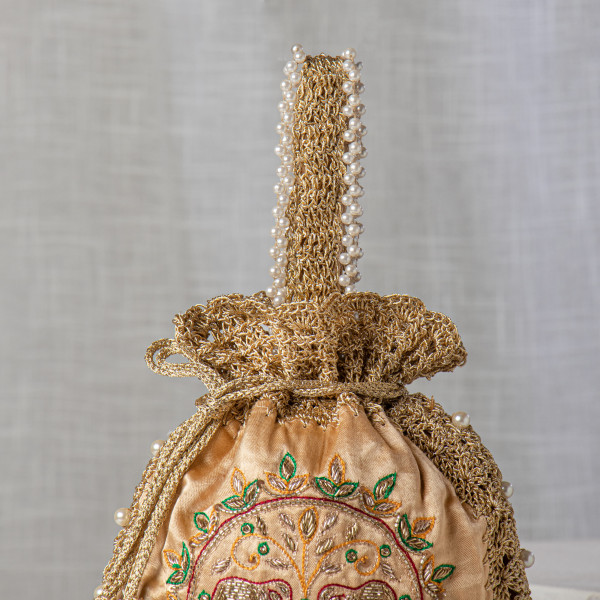 Golden Silk & Crochet Elephant Potli Bag