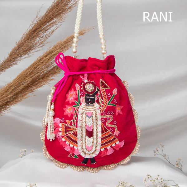 Premium Shrinath Ji Hand-Embroidered Velvet Potli Bag
