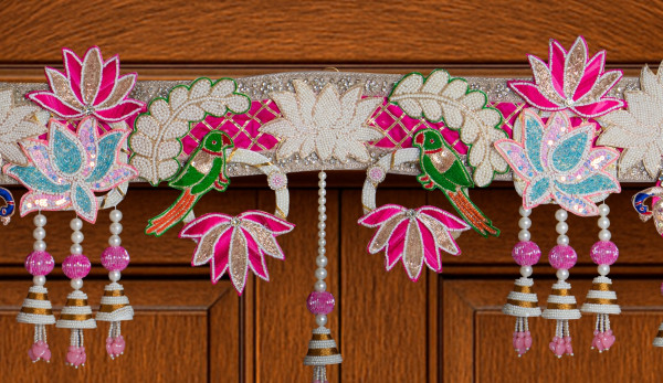 ELEGANT HAND EMBROIDED BEADED MULTI COLORED PARROT BANDARWAL TORAN