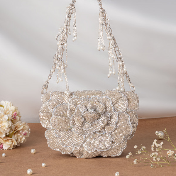Silver Handcrafted 3D Rose Cutdana & Pearl Embellished Clutch Bag