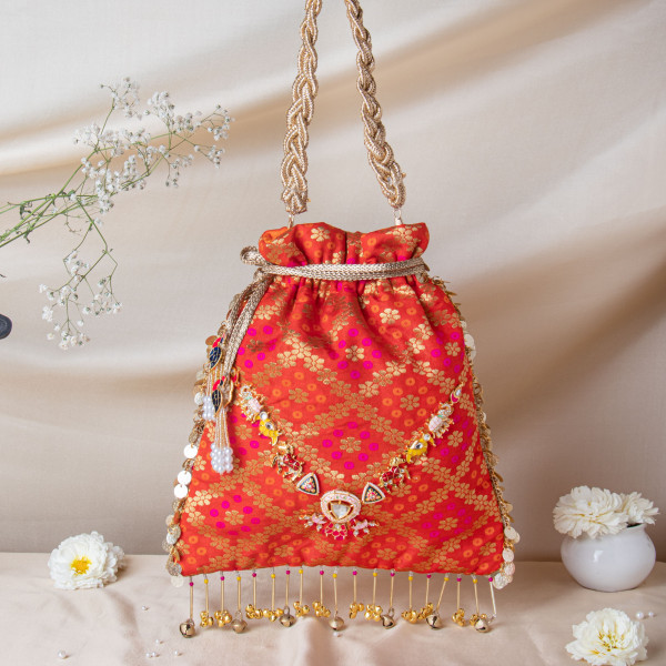 Royal Red Banarasi Brocade Potli Bag with Meenakari Work | Shubhams Zari